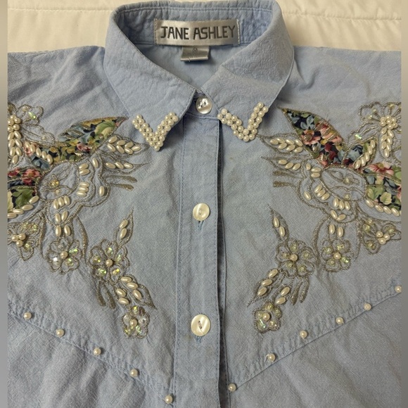 Jane Ashley VTG Beaded & Embroidered 100% Cotton Button Down Grannycore Medium - Picture 10 of 16
